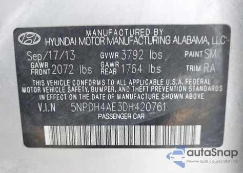 2013 Hyundai Elantra Gls z USA, uszkodzony, nr VIN 5NPDH4AE3DH420761